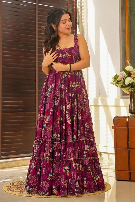 Printed Purple Color Rayon Anarkali Gown