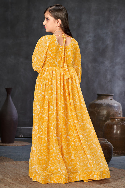 Georgette Fabric Yellow Color Function Wear Printed Readymade Kids Gown