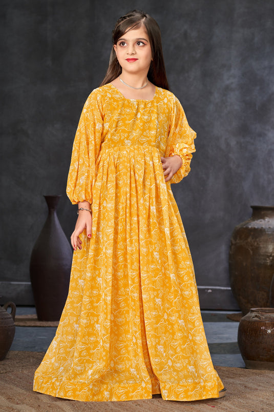 Georgette Fabric Yellow Color Function Wear Printed Readymade Kids Gown