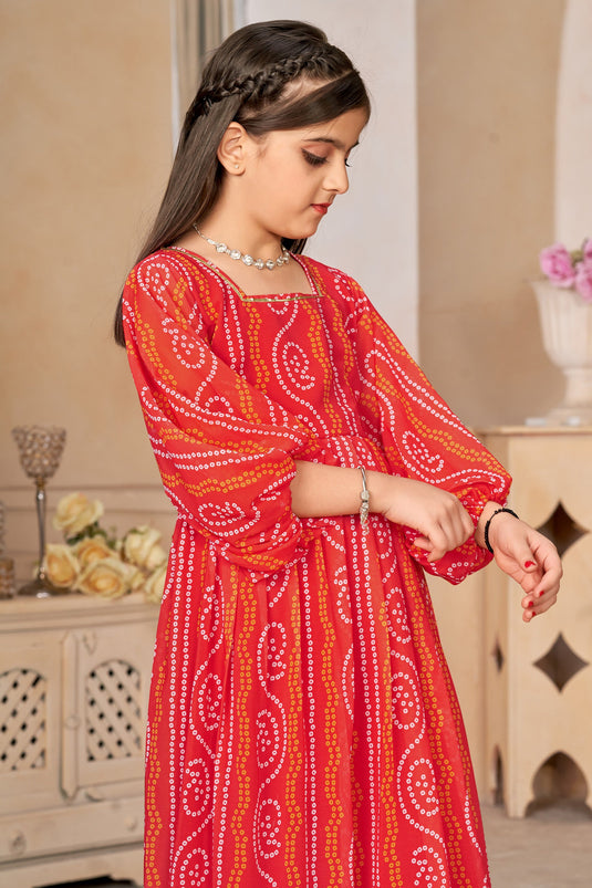 Gorgeous Red Color Georgette Fabric Printed Function Wear Readymade Kids Gown