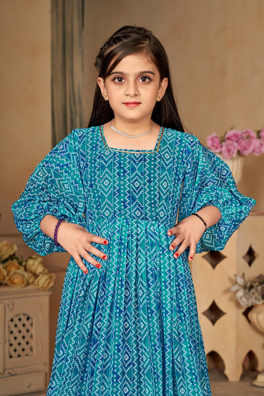 Cyan Color Georgette Fabric Function Wear Printed Readymade Kids Gown