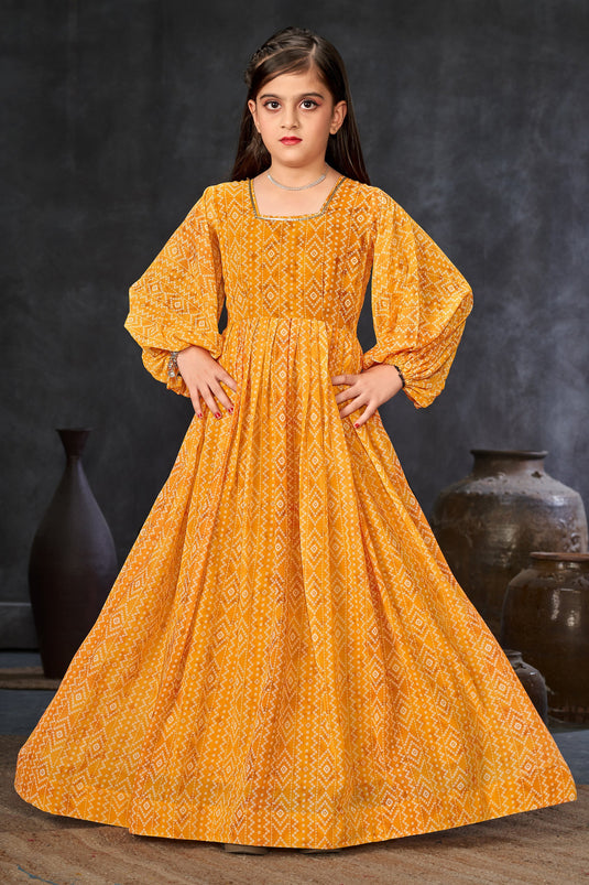 Georgette Fabric Engaging Mustard Color Function Wear Printed Readymade Kids Gown