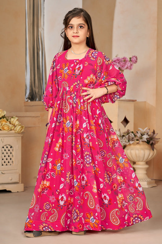 Function Wear Georgette Fabric Rani Color Captivating Readymade Kids Gown
