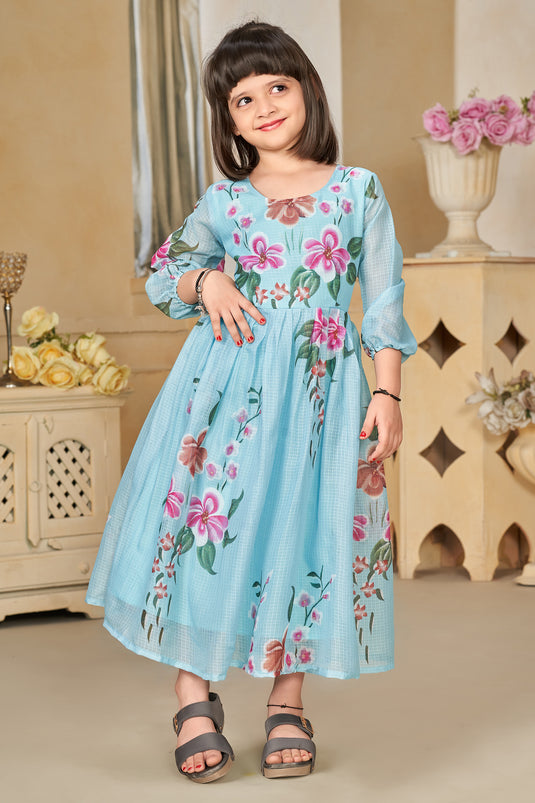 Cyan Color Fancy Fabric Function Wear Digital Printed Readymade Kids Gown