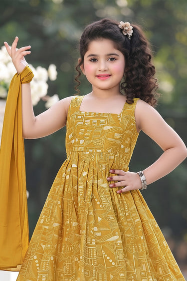Girls Designer Muslin Mustard Digital Print Anarkali Suit