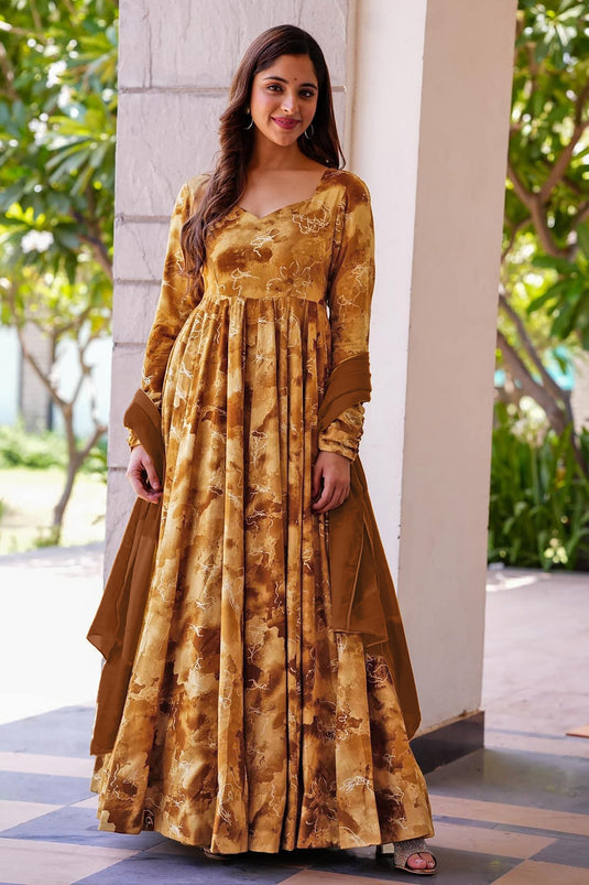 Rayon Brown Color Designer Printed On Readymade Anarkali Gown With Dupatta