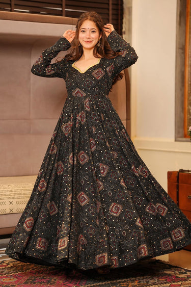 Black Color Printed On Party Wear Rayon Readymade Anarkali Gown With Dupatta