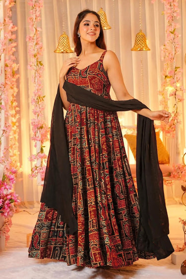 Maroon Digital Printed Floor Touch Readymade Anarkali Style Gown With Dupatta