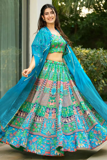 Printed Sea Green Festive Wear Readymade Crop Top Lehenga In Art Silk Fabric