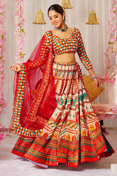 Red Art Silk Festive Wear Readymade Crop Top Lehenga