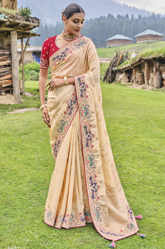 Vaishnavi Andhale Border Work Soothing Wedding Wear Dola Silk Saree In Beige Color