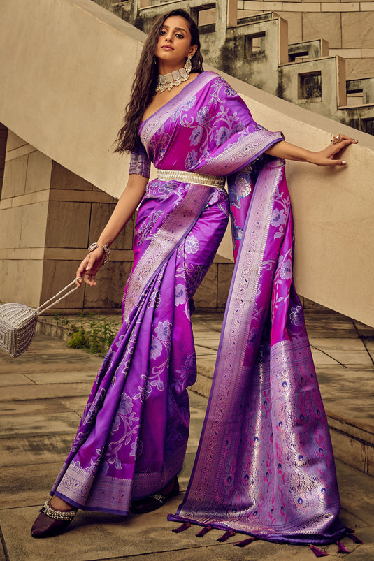 Purple Color Brasso Fabric Function Wear Glamorous Look Saree