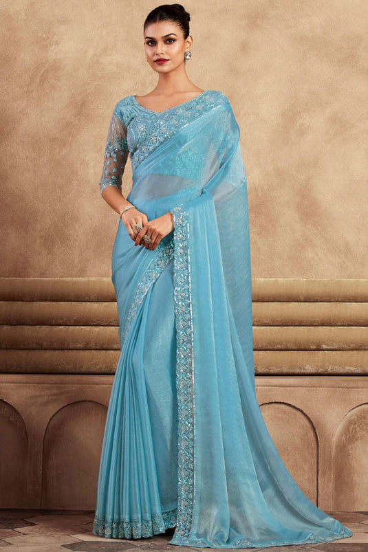 Cyan Color Border Work Pleasant Party Style Chiffon Silk Saree