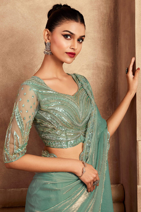 Alluring Sea Green Color Border Work Party Style Art Silk Saree