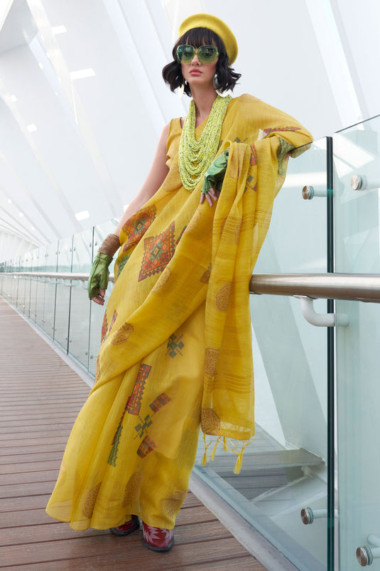 Excellent Art Silk Fabric Yellow Color Saree With Printed Work