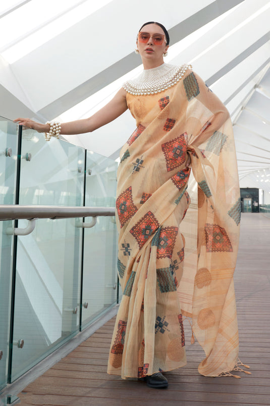 Incredible Printed Work On Art Silk Fabric Cream Color Saree