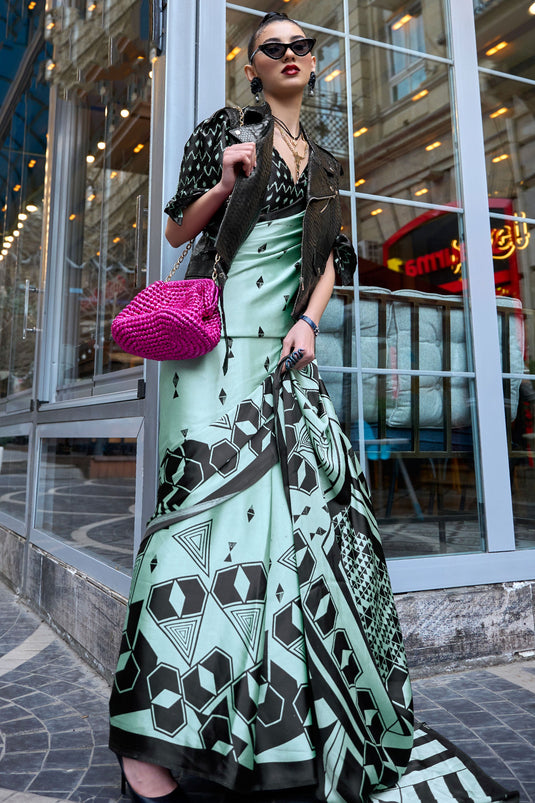 Sea Green Color Exquisite Printed Satin Crepe Silk Saree