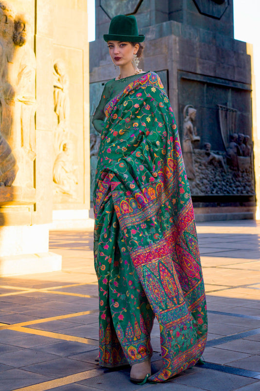 Radiant Weaving Work On Green Color Organza Fabric Saree