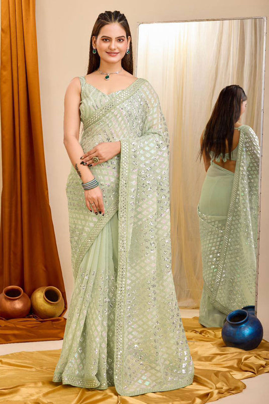 Fabulous Function Wear Sea Green Color Georgette Saree