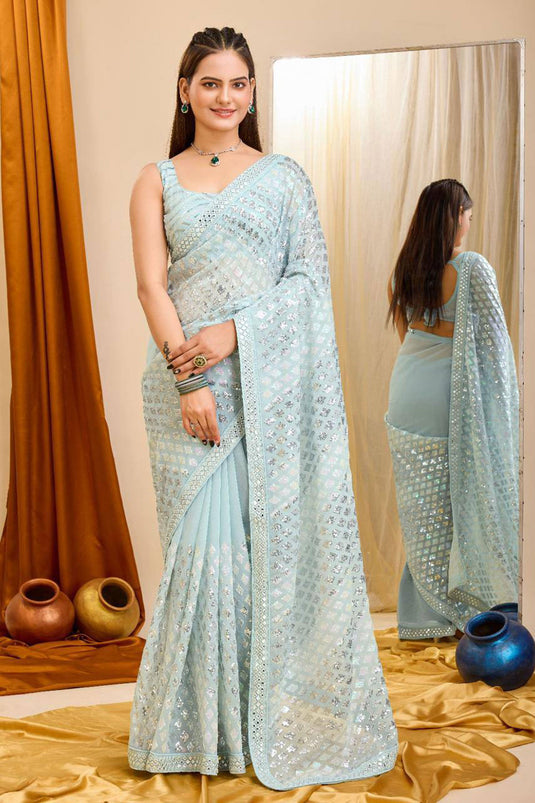 Function Wear Light Cyan Color Gorgeous Georgette Saree