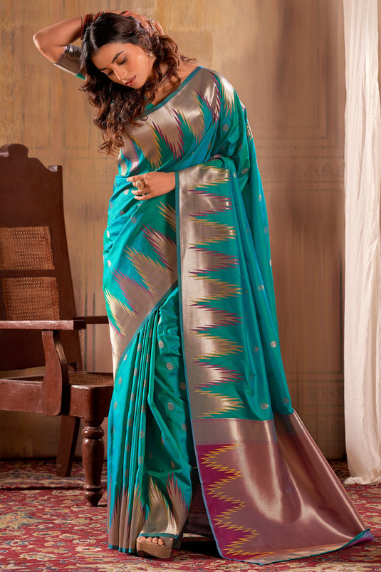 Banarasi Silk Fabric Festive Wear Wondrous Saree In Sea Green Color