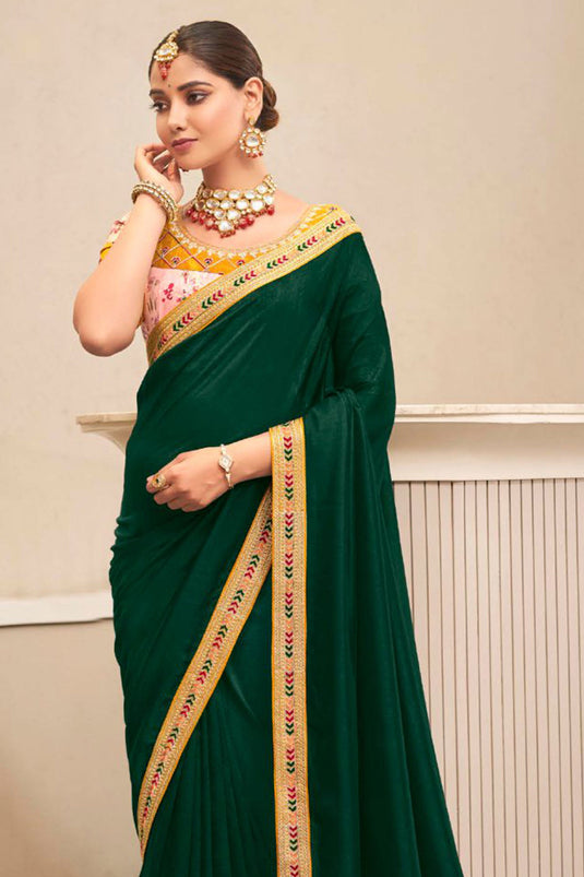 Dark Green Color Gorgeous Fancy Fabric Saree With Border Work