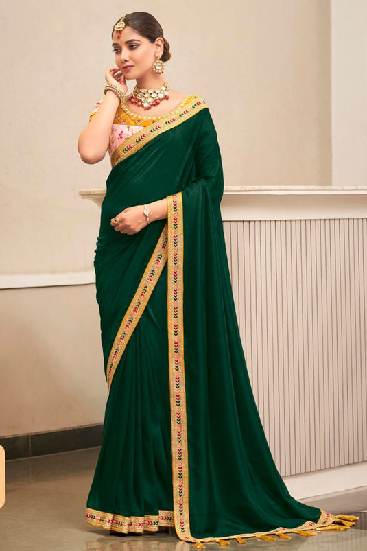 Dark Green Color Gorgeous Fancy Fabric Saree With Border Work