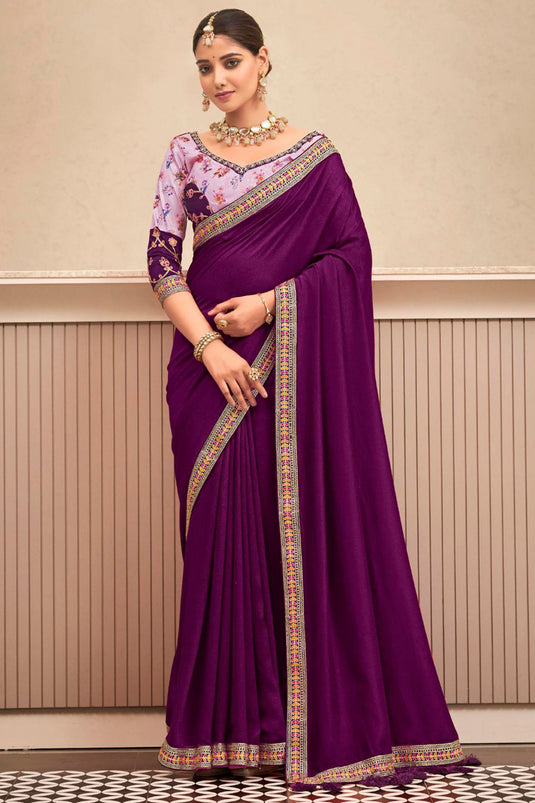 Border Work Soothing Fancy Fabric Saree In Purple Color
