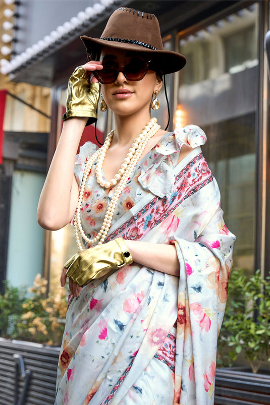 Art Silk Fabric Light Cyan Color Riveting Saree With Printed Work