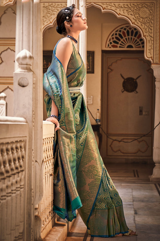 Trendy Art Silk Fabric Green Color Saree With Weaving Work