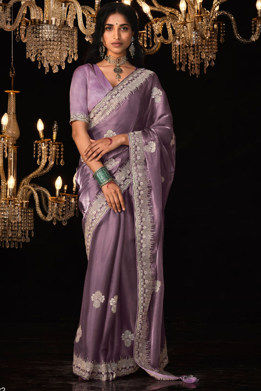 Tissue Fabric Lavender Color Pleasance Saree With Embroidered Work