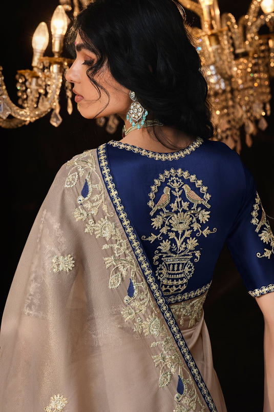 Beige Color Fancy Fabric Coveted Saree With Embroidered Work