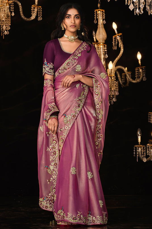 Fancy Fabric Pink Color Excellent Saree With Embroidered Work