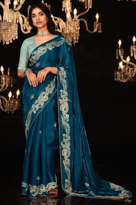 Embroidered Work On Blue Color Tissue Fabric Princely Saree