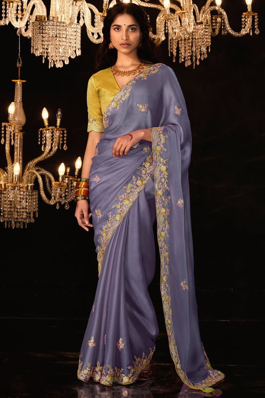 Excellent Fancy Fabric Lavender Color Saree With Embroidered Work