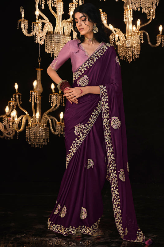Incredible Embroidered Work On Tissue Fabric Purple Color Saree