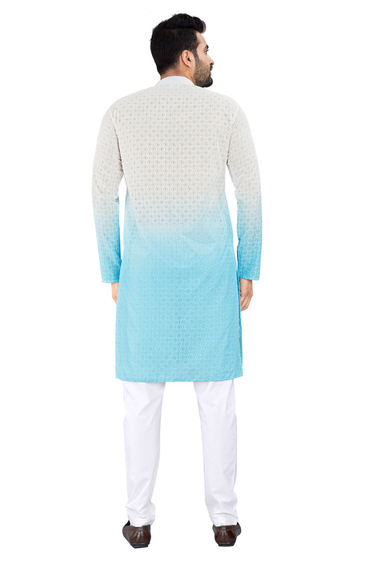 Beautiful White And Cyan Color Wedding Wear Readymade Kurta Pyjama For Men In Fancy Fabric