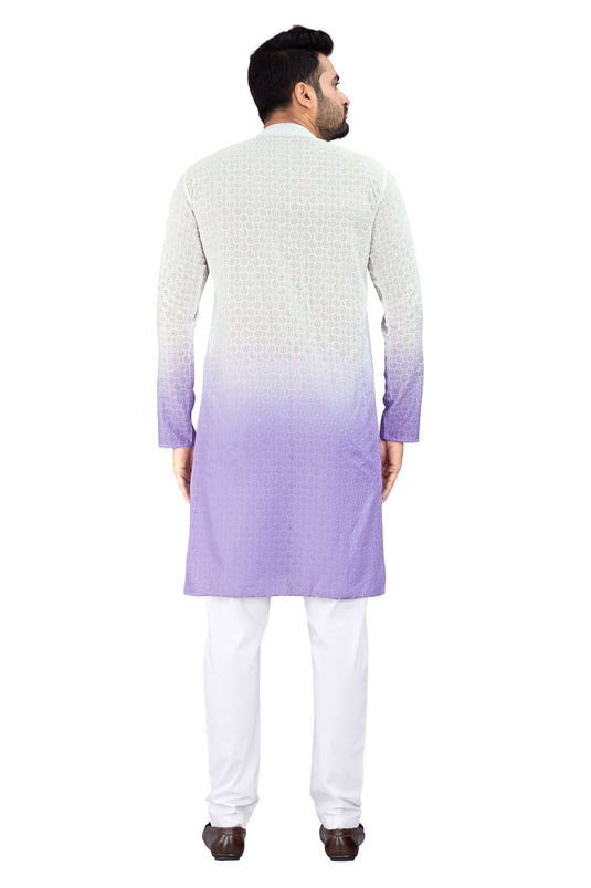 Reception Wear Attractive Fancy Fabric Readymade Men Kurta Pyjama In White And Purple Color