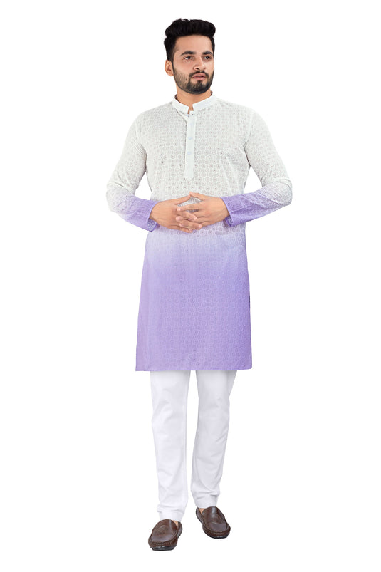 Reception Wear Attractive Fancy Fabric Readymade Men Kurta Pyjama In White And Purple Color