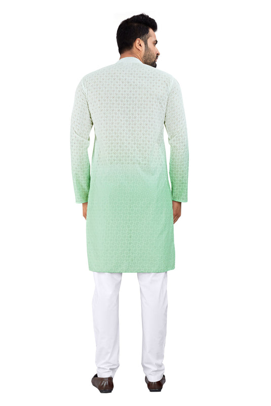 White And Sea Green Fancy Fabric Graceful Readymade Men Kurta Pyjama For Festive Wear