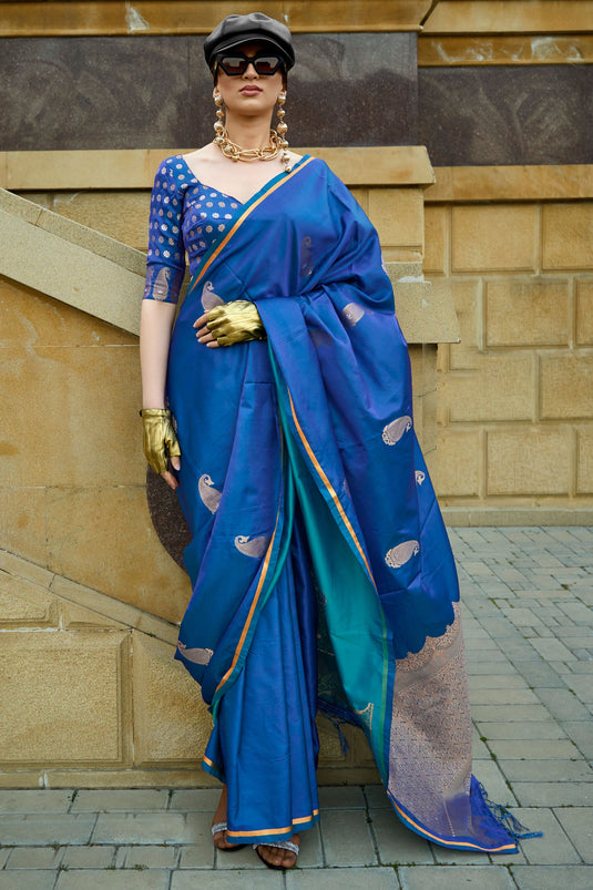 Function Style  Satin Fabric Weaving Work Blue Color Saree
