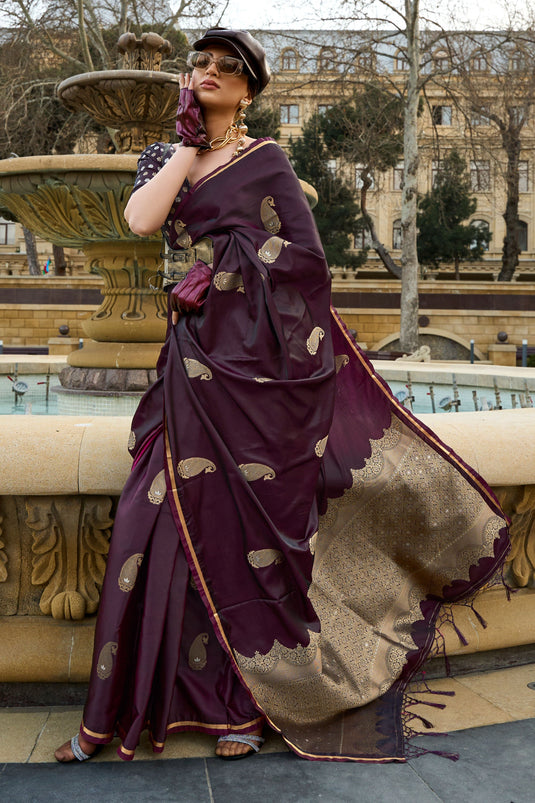 Stylish Weaving Work Satin Fabric Brown Color Saree For Function