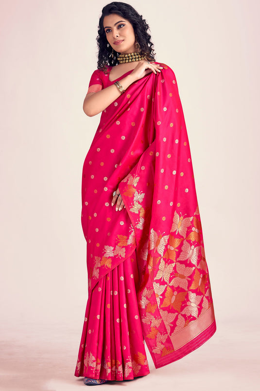 Glamorous Rani Color Printed Banarasi Style Silk Saree