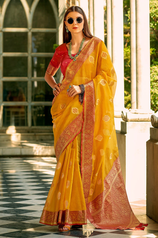 Weaving Work Mustard Tissue Silk Saree With Beautiful Blouse