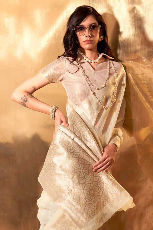 Attractive Cream Color Weaving Work Linen Cotton Saree