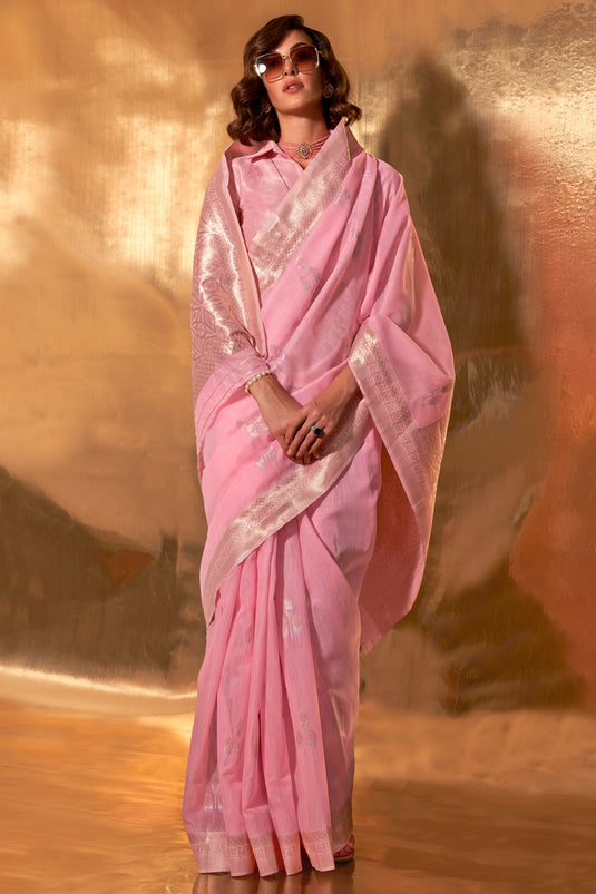 Graceful Weaving Work Pink Color Linen Cotton Saree
