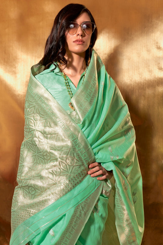 Enticing Weaving Work Sea Green Color Linen Cotton Saree