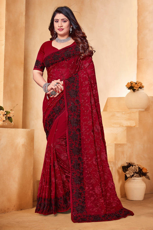 Red Embroidery Work Georgette Saree With Blouse