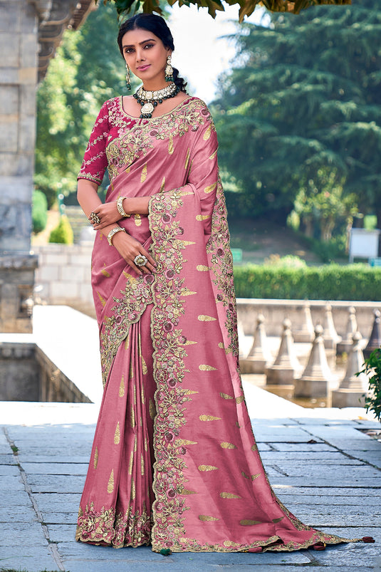 Border Work On Captivating Art Silk Fabric Saree In Pink Color