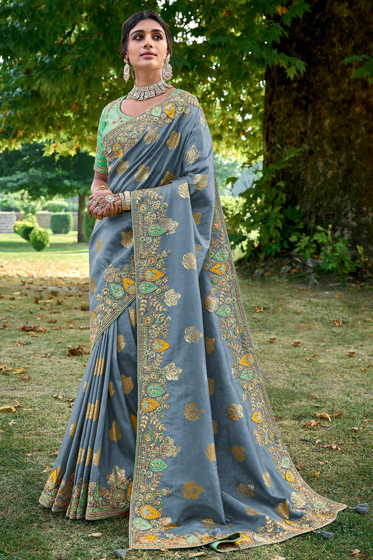Appealing Border Work On Art Silk Fabric Saree In Grey Color